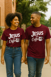 Two people wearing maroon 'Jesus and Coffee' shirts walking outdoors.